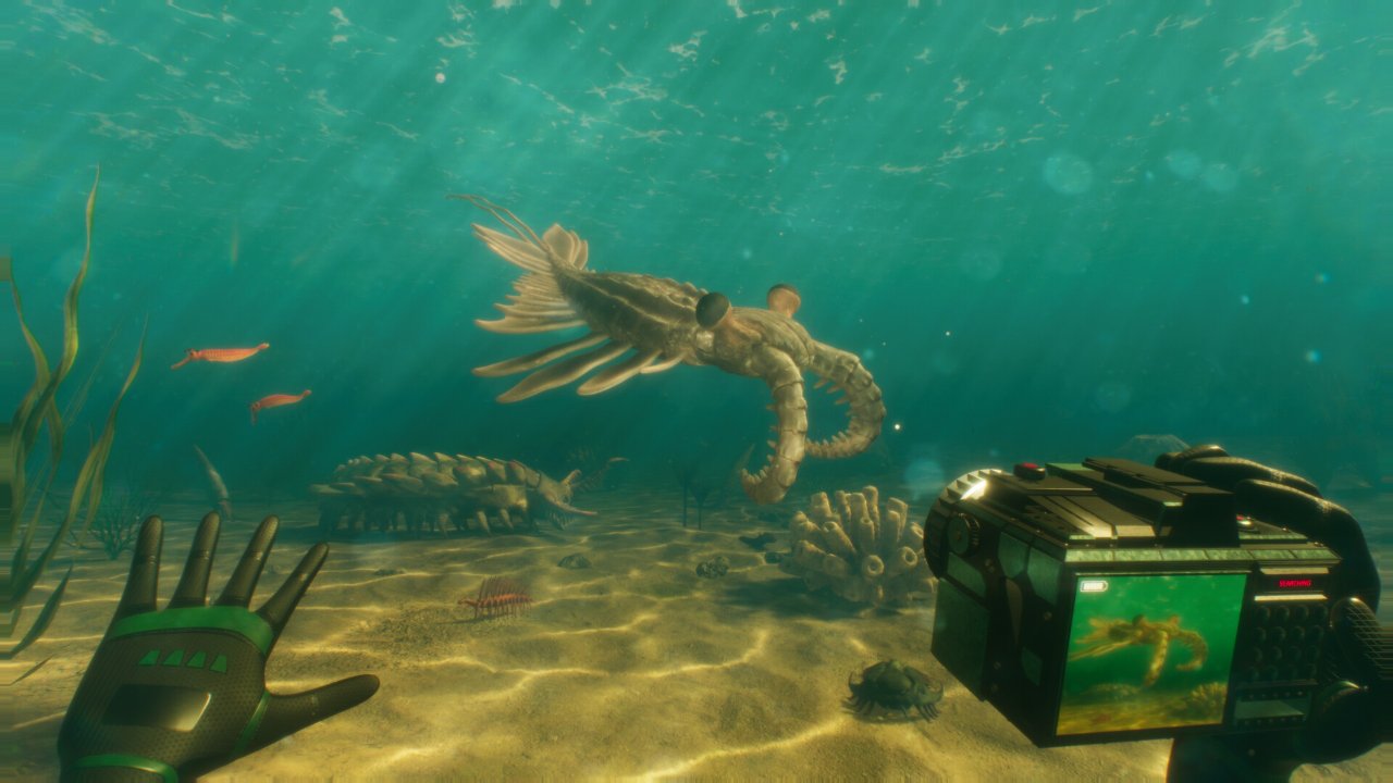 Paleo Dive screenshot of a diver holding an underwater research camera near a prehistoric sea creature on a sunlit Cambrian sea floor