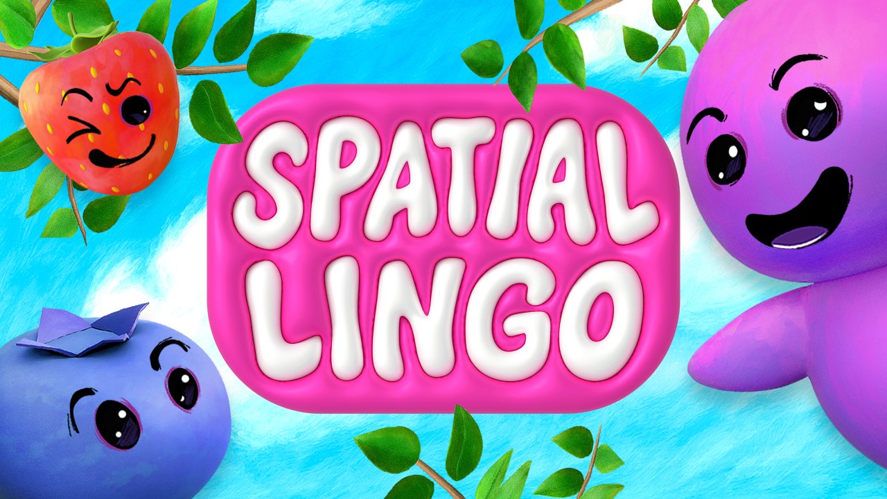 Spatial Lingo key art showing the app title with Golly Gosh and fruit characters among leaves